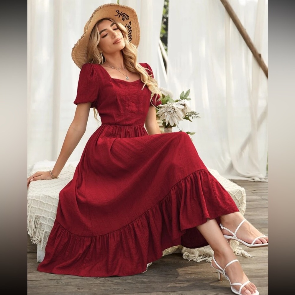 SHEIN Holidaya Puff Sleeve Zipper Back Ruffle Hem Dress